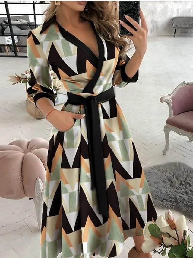 A Line Dress Midi Dress Tie dye Letter printing Butterfly print Big wave point Small dots Diamond printing Black khaki Sky Blue Red Long Sleeve Print Butterfly Pure Color Lace up Pocket for Women