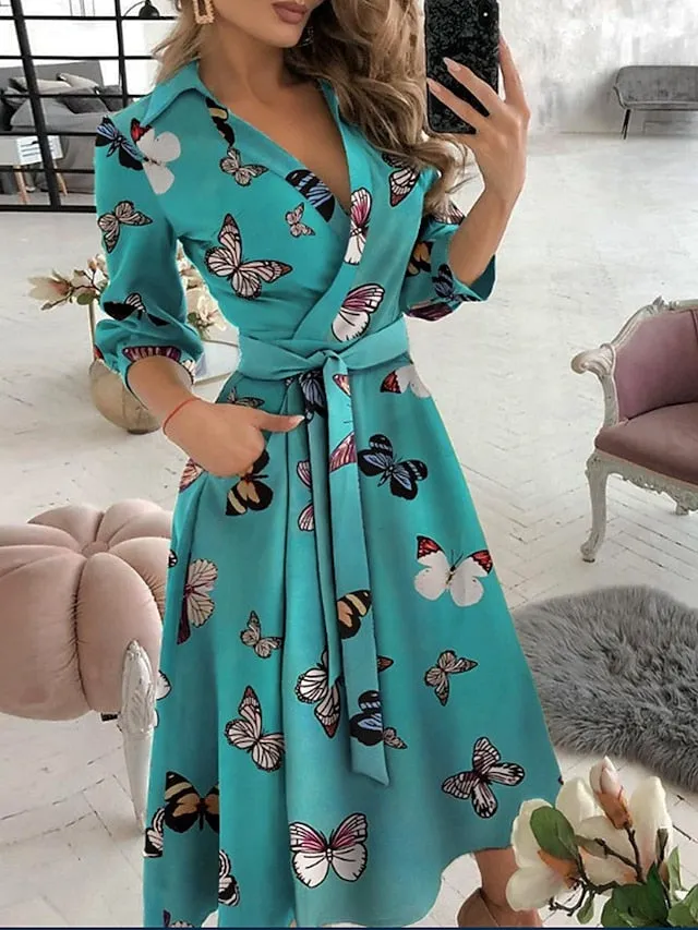 A Line Dress Midi Dress Tie dye Letter printing Butterfly print Big wave point Small dots Diamond printing Black khaki Sky Blue Red Long Sleeve Print Butterfly Pure Color Lace up Pocket for Women