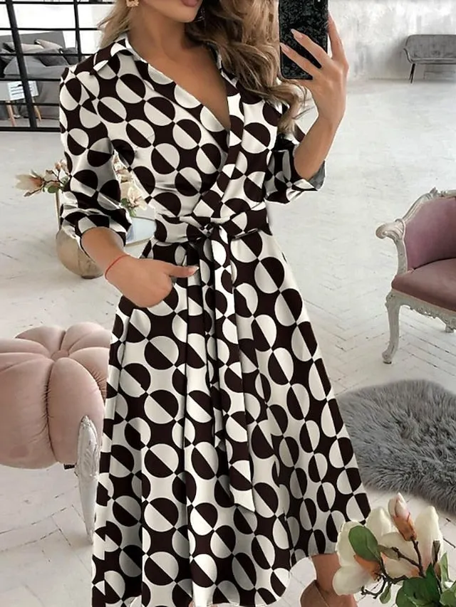 A Line Dress Midi Dress Tie dye Letter printing Butterfly print Big wave point Small dots Diamond printing Black khaki Sky Blue Red Long Sleeve Print Butterfly Pure Color Lace up Pocket for Women