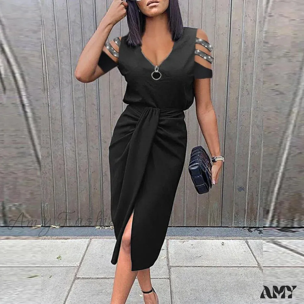 Amy Fashion - Lady Elegant O Neck Draped Slit Long Dress