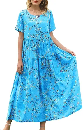 Blue Women Casual Loose Bohemian Floral Dress with Pockets Short Sleeve Long Maxi Summer Beach Swing Dress - Yesno