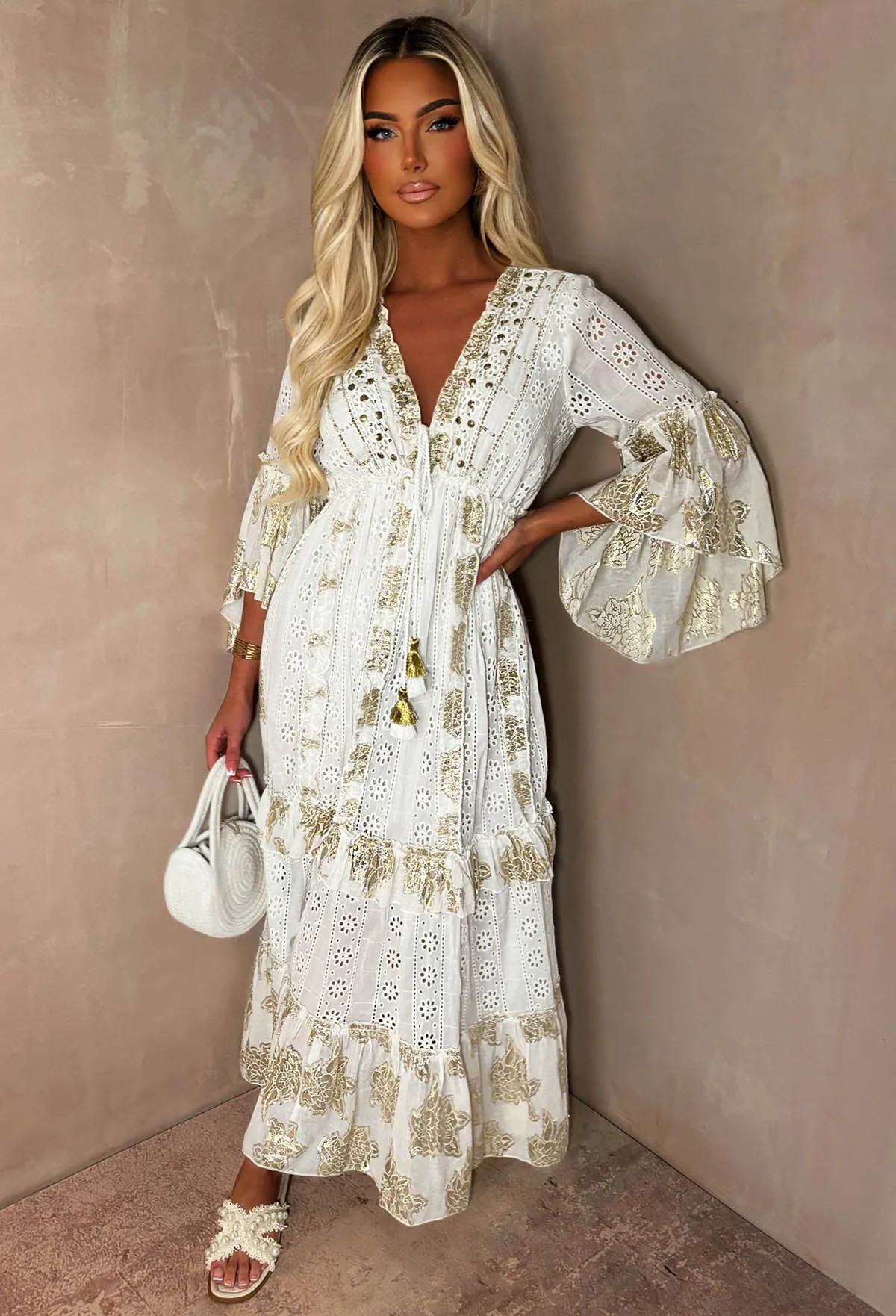 Bohemian Summer Cream Short Sleeve Embellished Embroidered Maxi Dress