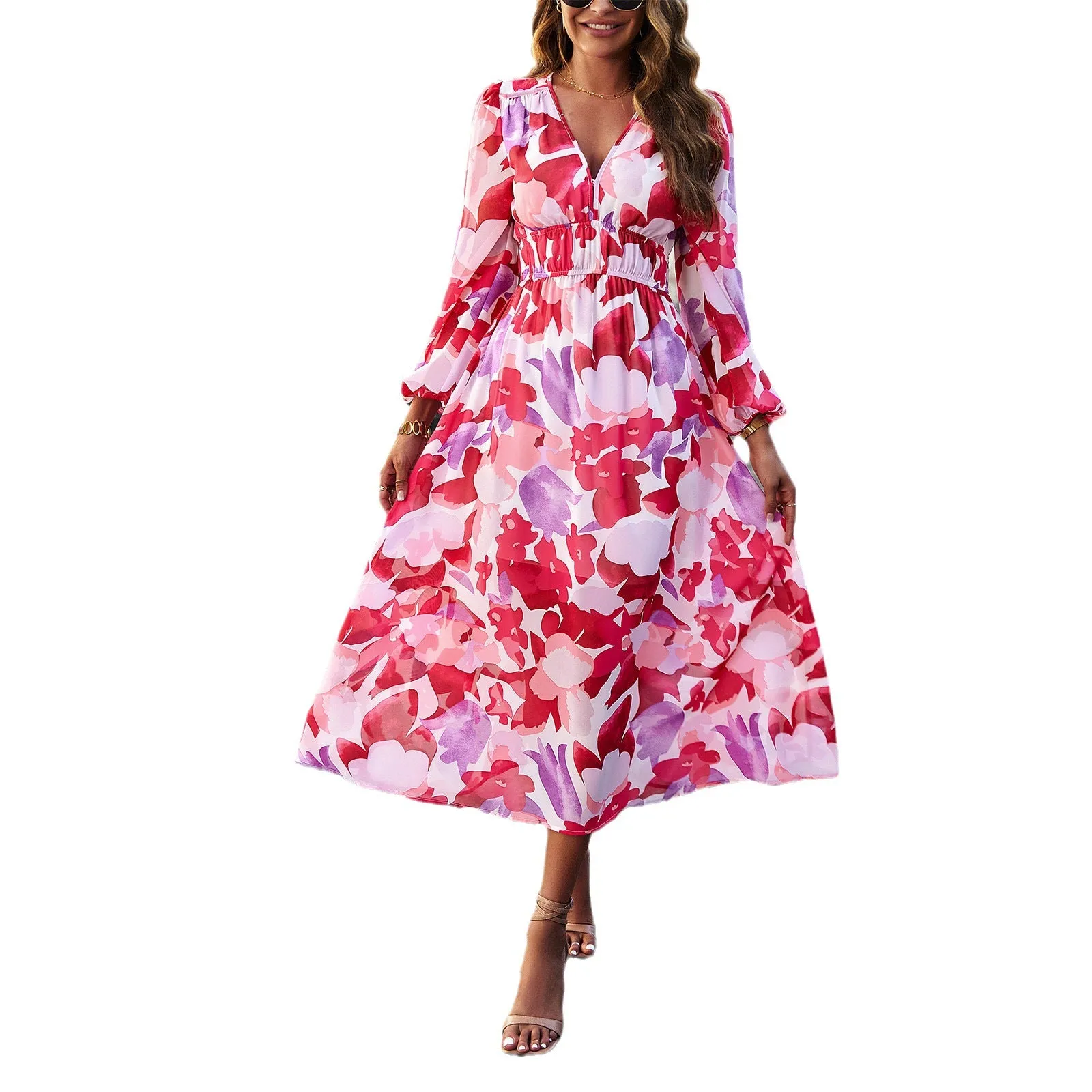 Bohemian Vacation Casual Floral Print V-Neck Maxi Dress Wholesale Dresses