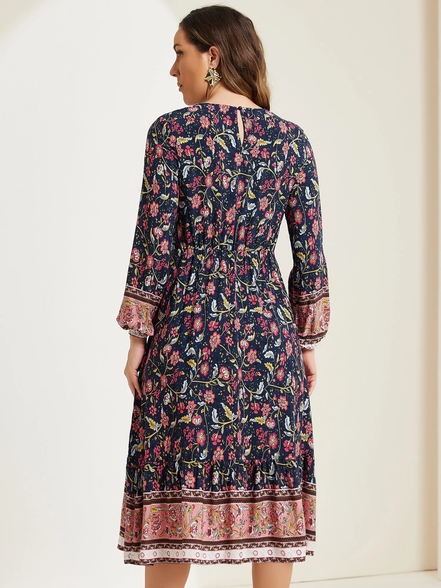 Boho Floral Elastic Waist Crew Neck Long Sleeve Maxi Dress