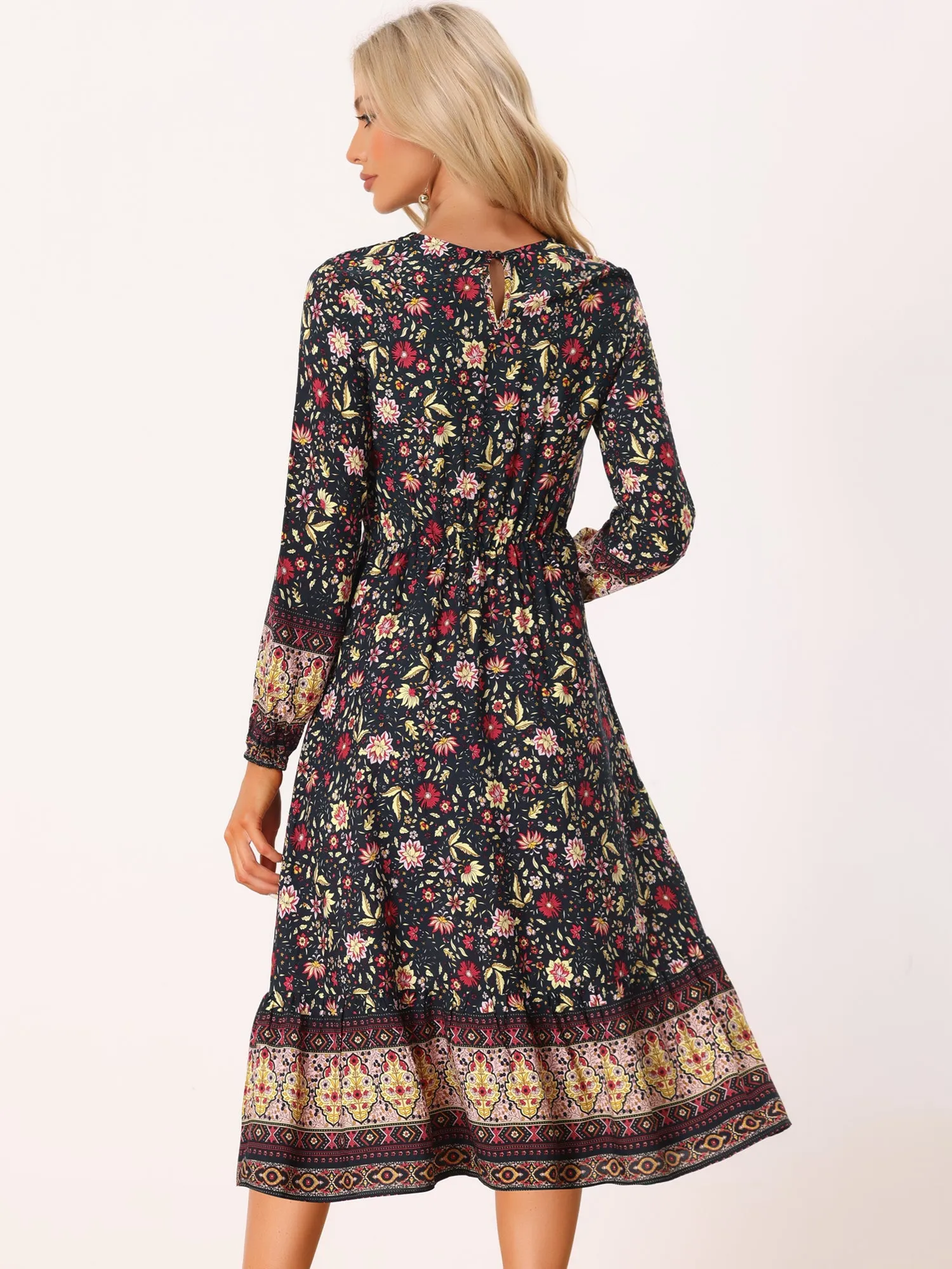 Boho Floral Elastic Waist Crew Neck Long Sleeve Maxi Dress