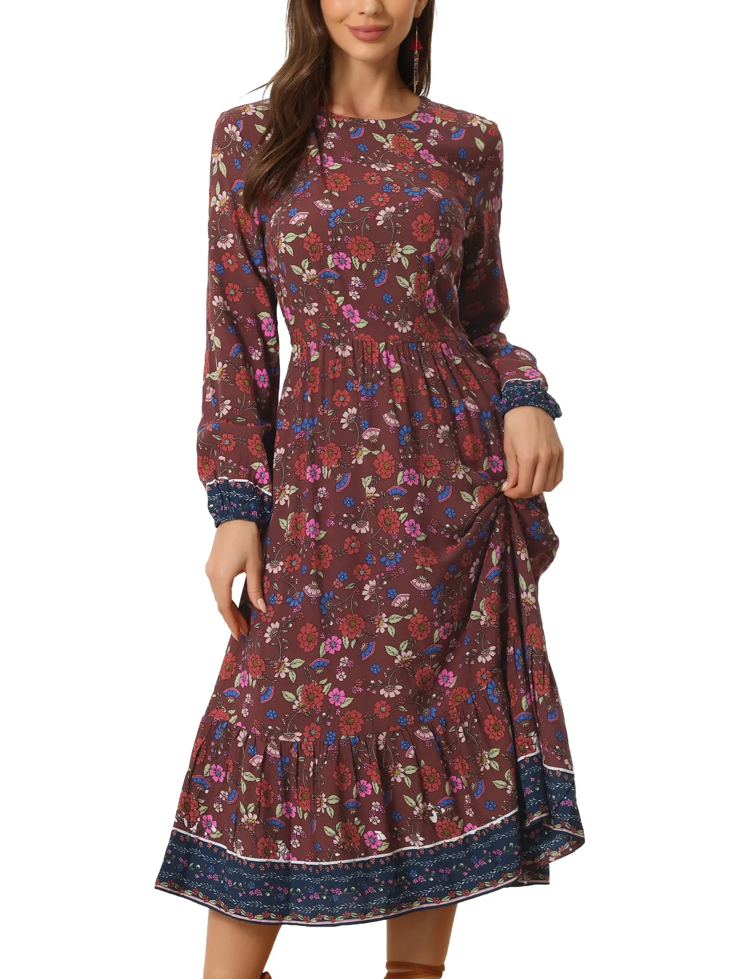 Boho Floral Elastic Waist Crew Neck Long Sleeve Maxi Dress