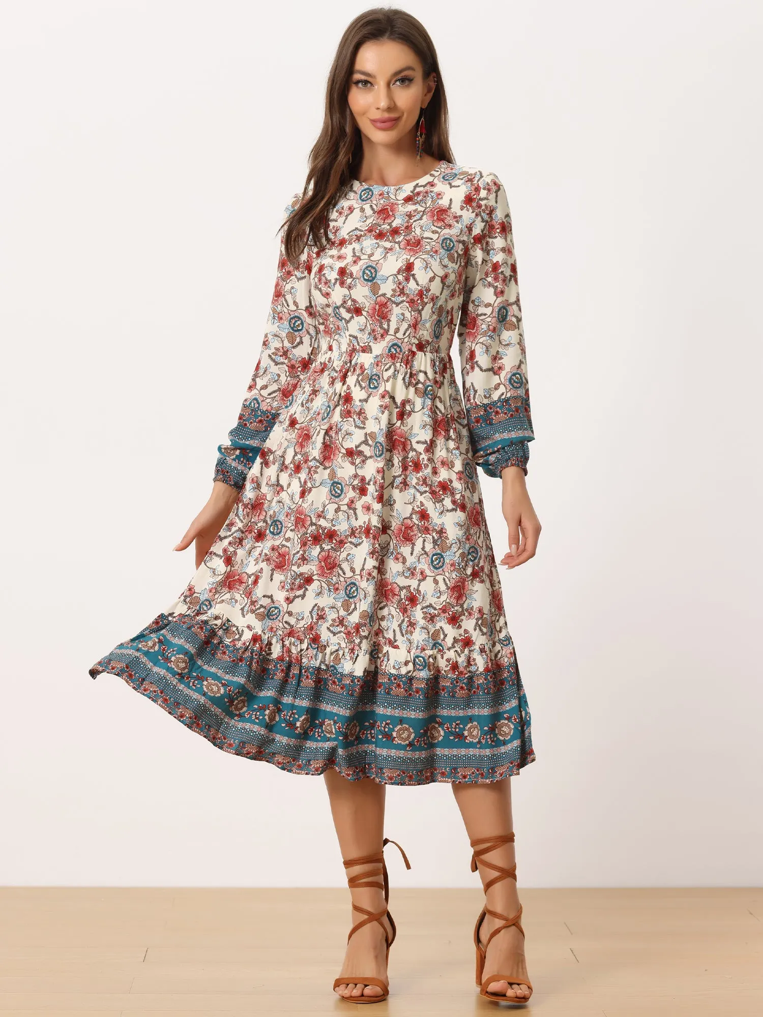 Boho Floral Elastic Waist Crew Neck Long Sleeve Maxi Dress