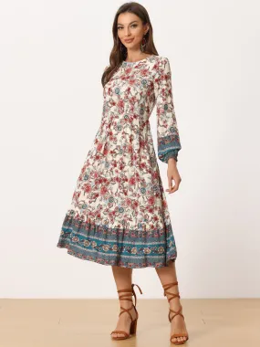 Boho Floral Elastic Waist Crew Neck Long Sleeve Maxi Dress