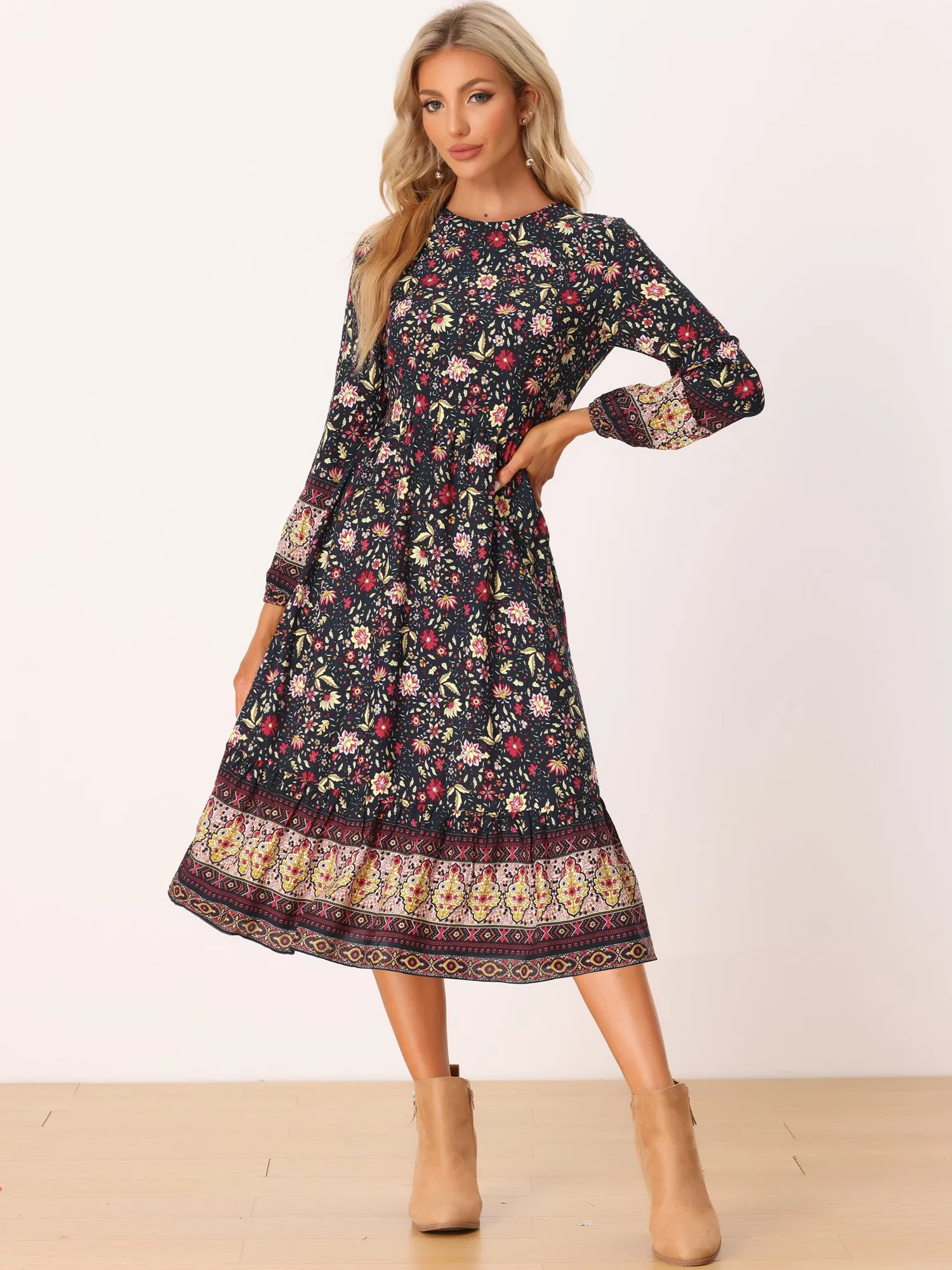 Boho Floral Elastic Waist Crew Neck Long Sleeve Maxi Dress