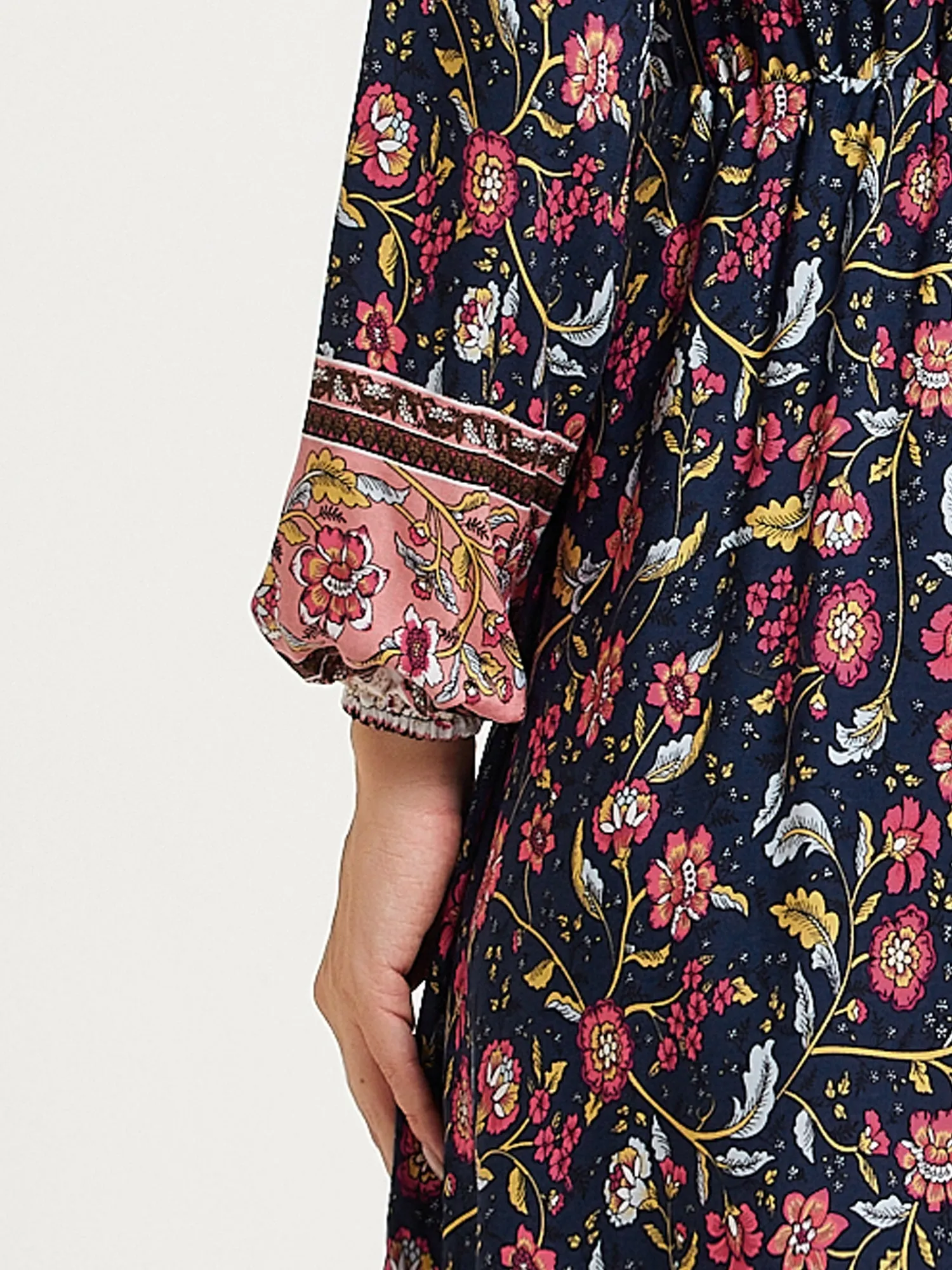 Boho Floral Elastic Waist Crew Neck Long Sleeve Maxi Dress