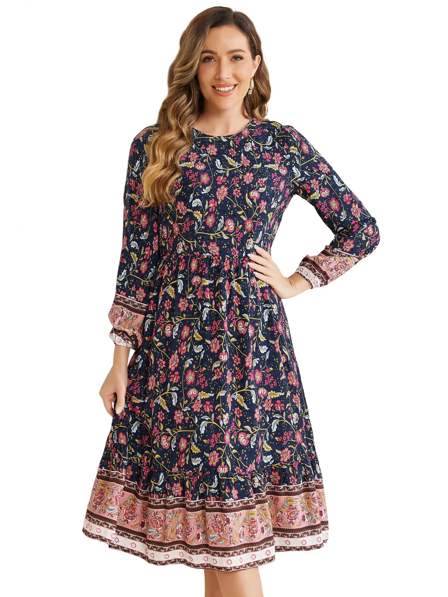 Boho Floral Elastic Waist Crew Neck Long Sleeve Maxi Dress