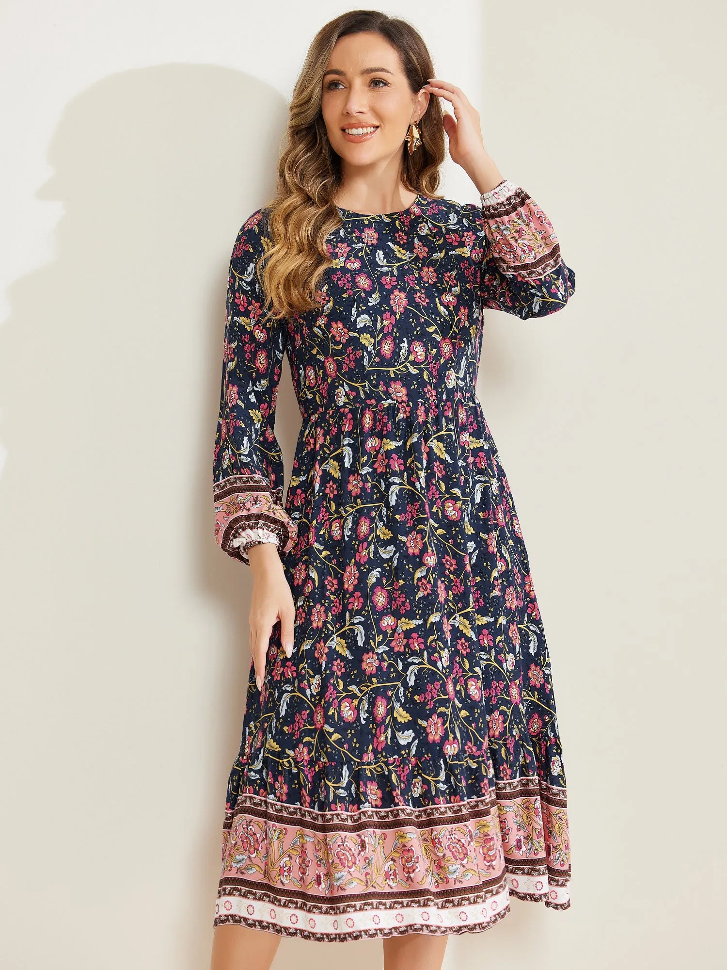 Boho Floral Elastic Waist Crew Neck Long Sleeve Maxi Dress