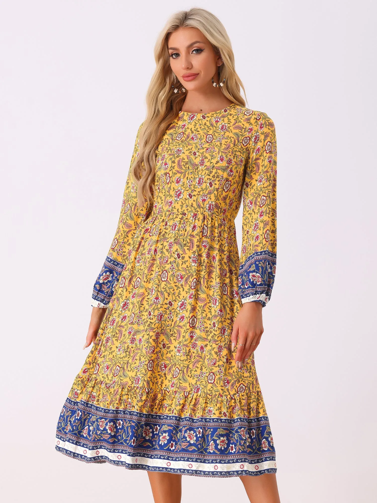 Boho Floral Elastic Waist Crew Neck Long Sleeve Maxi Dress