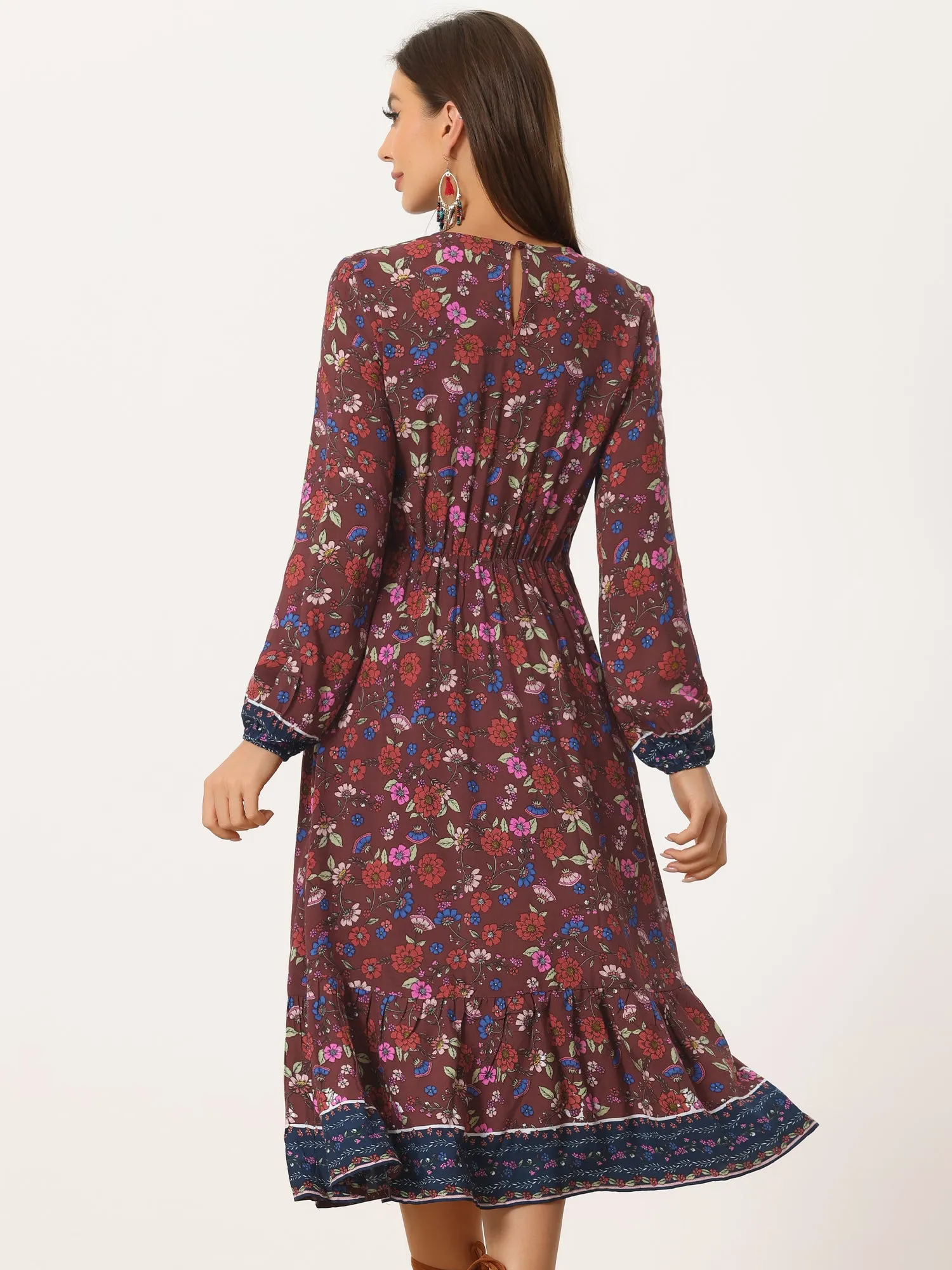 Boho Floral Elastic Waist Crew Neck Long Sleeve Maxi Dress