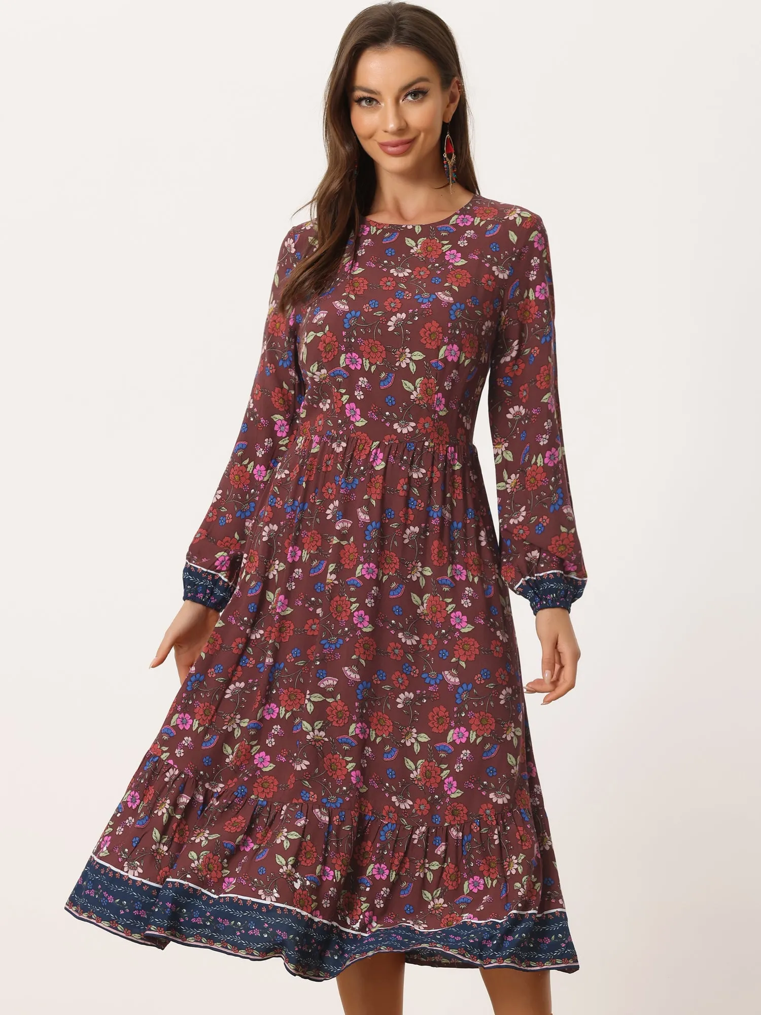 Boho Floral Elastic Waist Crew Neck Long Sleeve Maxi Dress