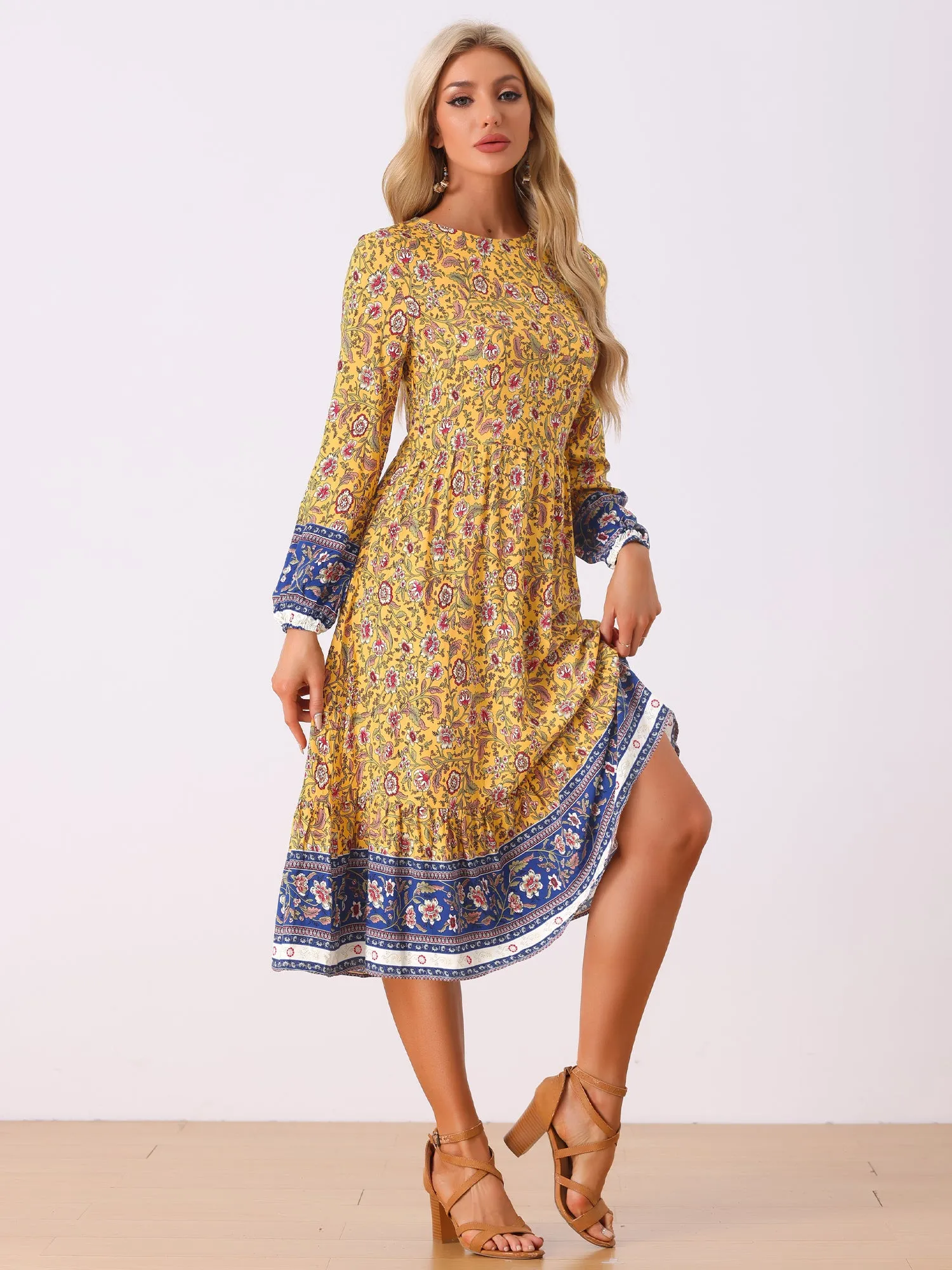 Boho Floral Elastic Waist Crew Neck Long Sleeve Maxi Dress