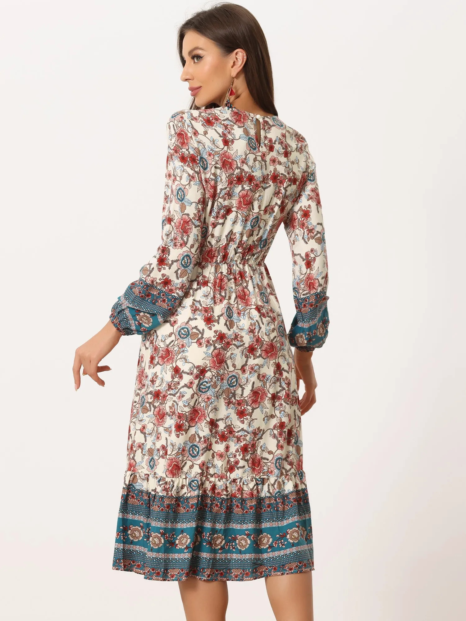 Boho Floral Elastic Waist Crew Neck Long Sleeve Maxi Dress