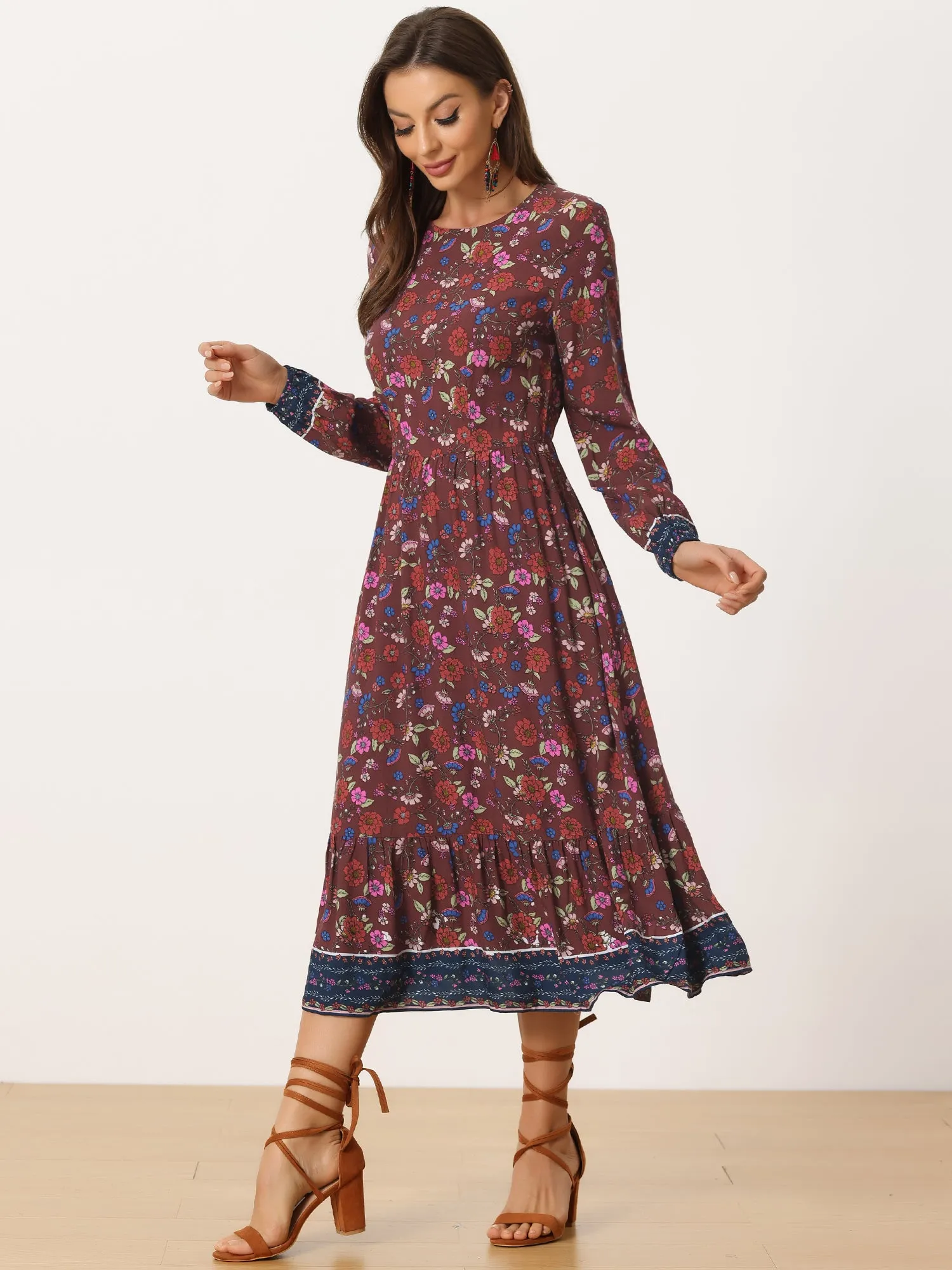 Boho Floral Elastic Waist Crew Neck Long Sleeve Maxi Dress