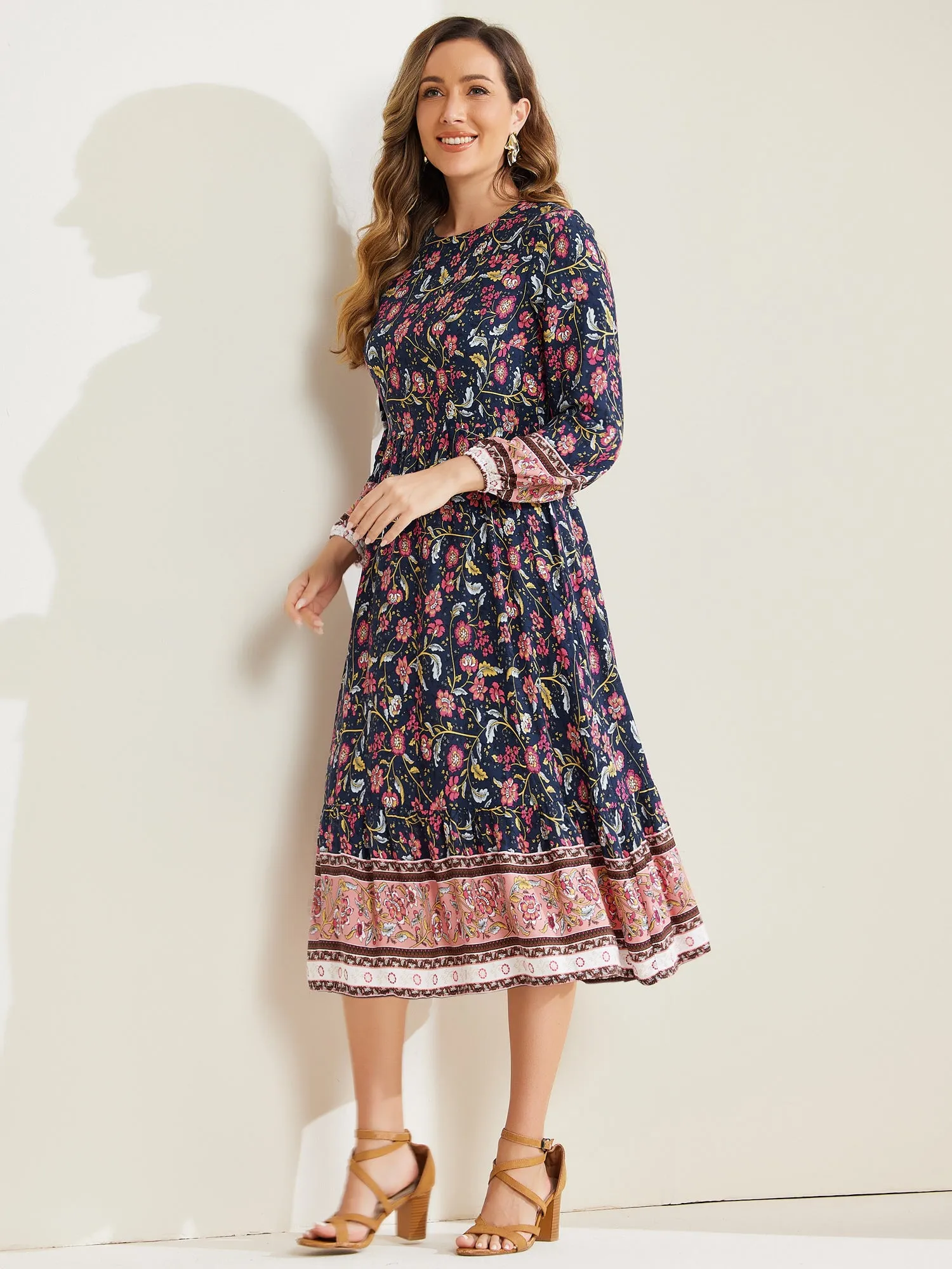 Boho Floral Elastic Waist Crew Neck Long Sleeve Maxi Dress