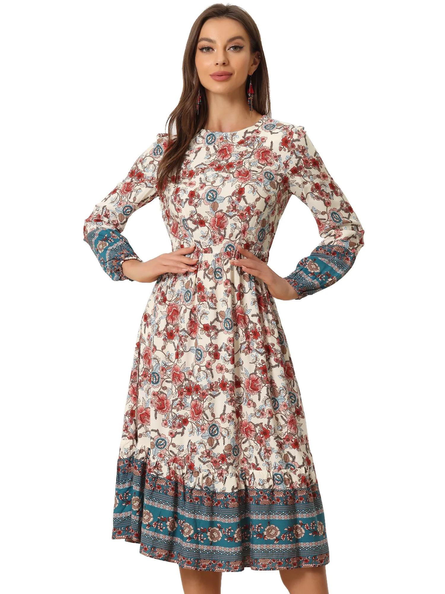 Boho Floral Elastic Waist Crew Neck Long Sleeve Maxi Dress