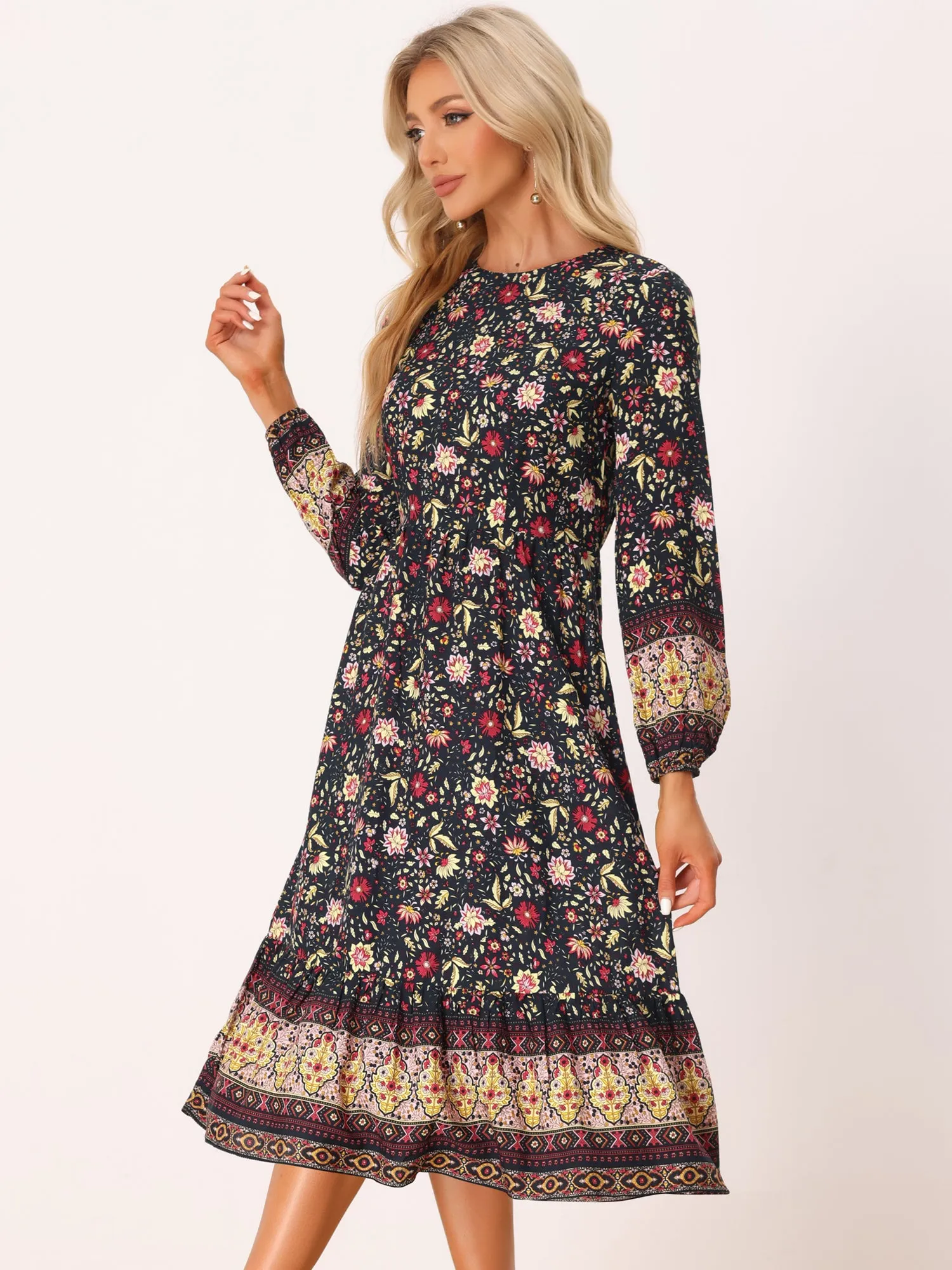 Boho Floral Elastic Waist Crew Neck Long Sleeve Maxi Dress