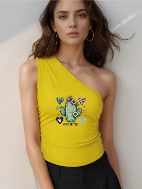 Cactus With Hearts And Flowers Print Crop One Shoulder Tank Top Sleeveless Casual Top For Summer & Spring Women's Clothing