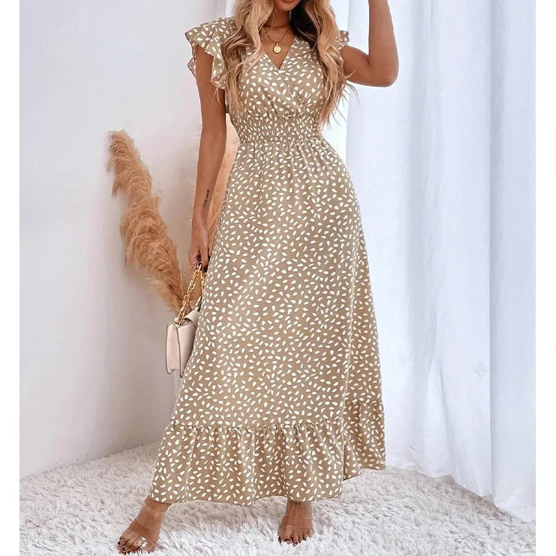 Casual Polka Dot Dress Women Summer V Neck Sleeveless High Waist A-line Long Dresses Boho Beach Sundress Chiffon Dress Vestidos