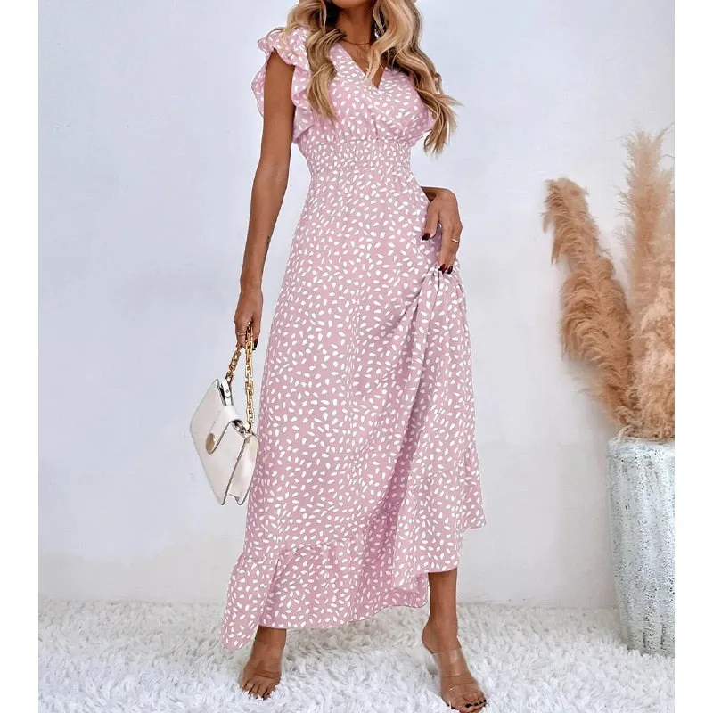 Casual Polka Dot Dress Women Summer V Neck Sleeveless High Waist A-line Long Dresses Boho Beach Sundress Chiffon Dress Vestidos