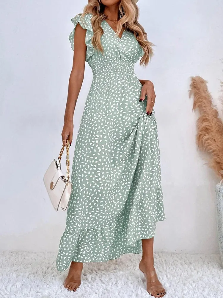 Casual Polka Dot Dress Women Summer V Neck Sleeveless High Waist A-line Long Dresses Boho Beach Sundress Chiffon Dress Vestidos