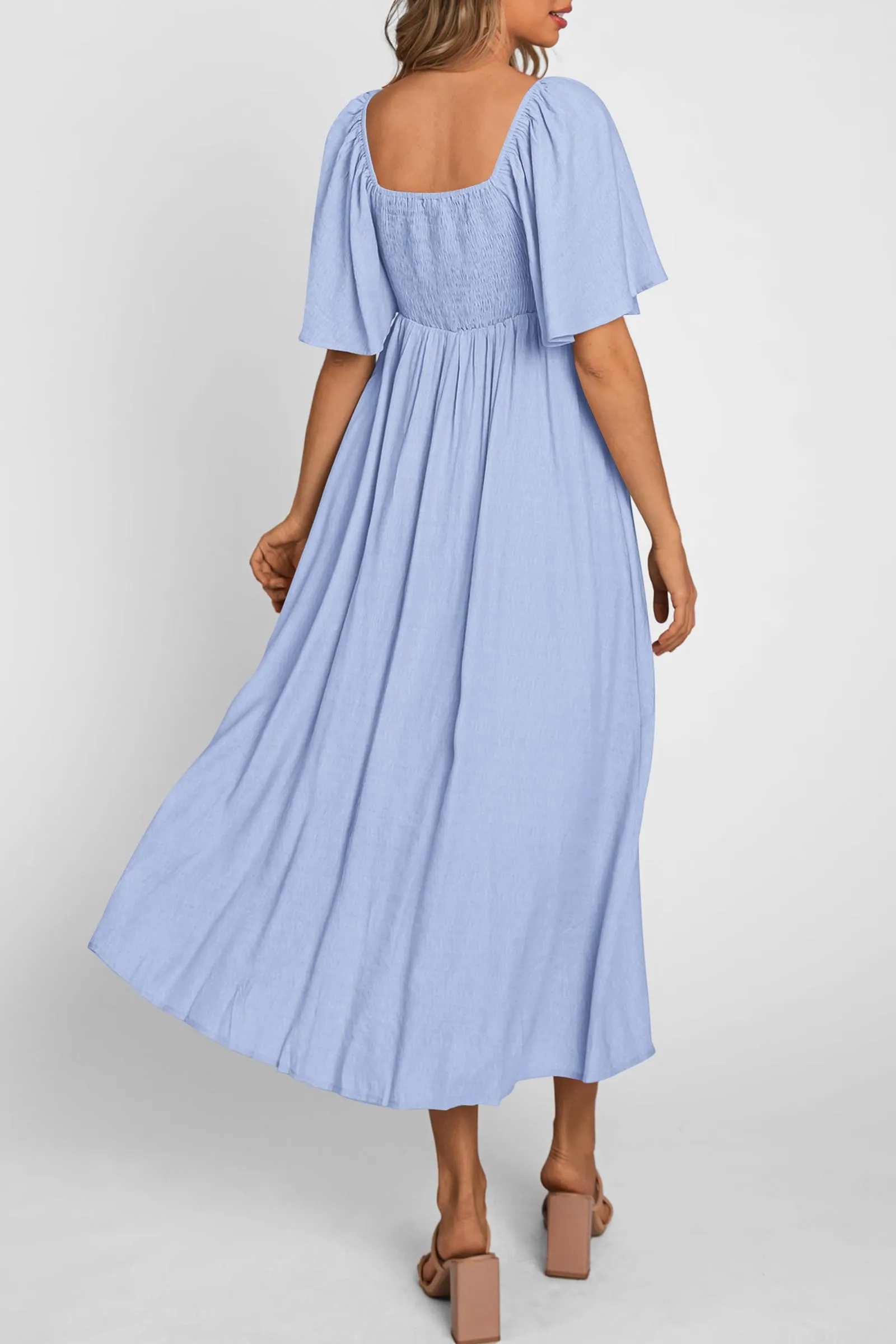 Casual Short Sleeve Bow Tie V Neck Ruffle Midi Flowy Dresses