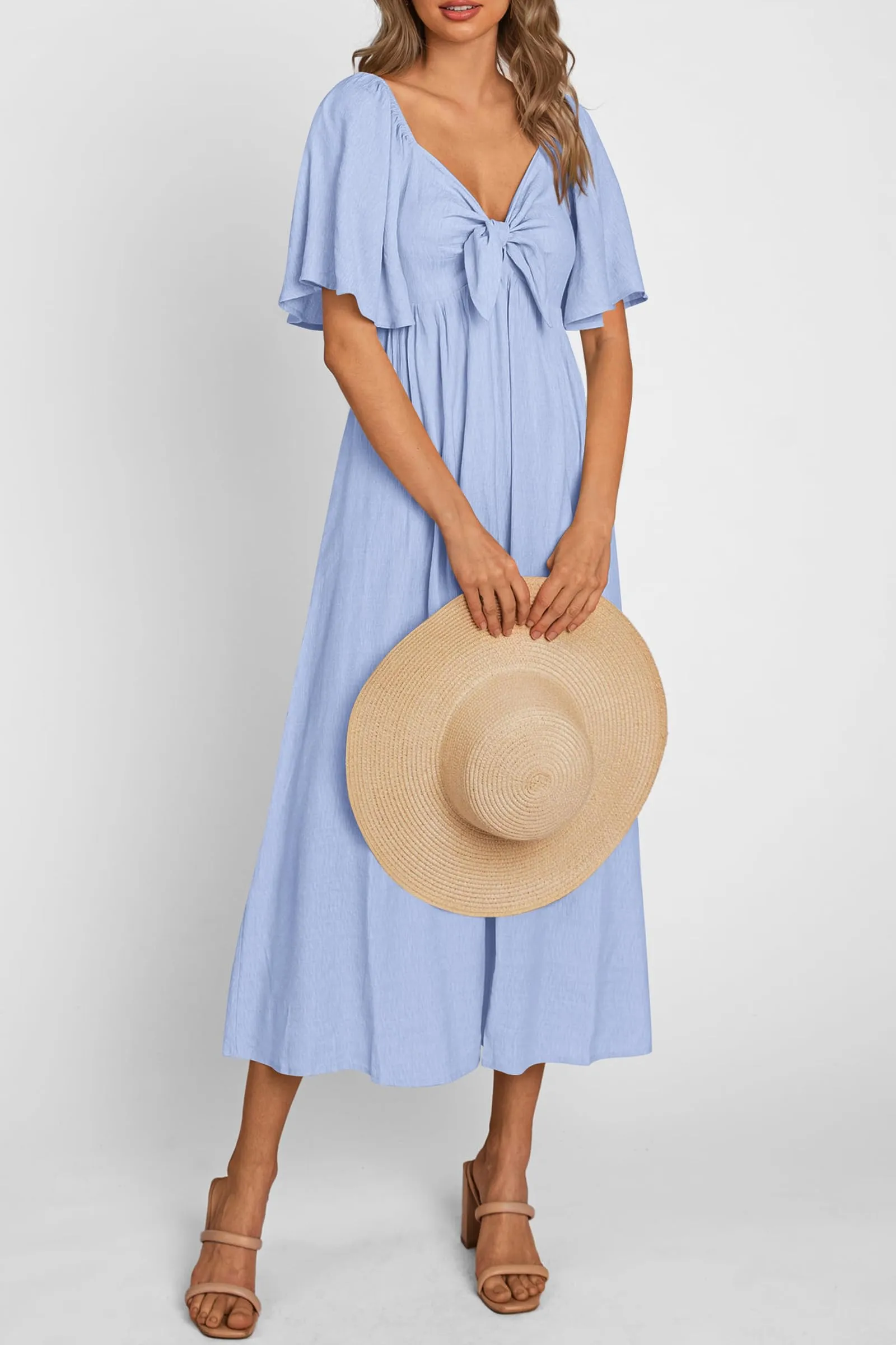 Casual Short Sleeve Bow Tie V Neck Ruffle Midi Flowy Dresses