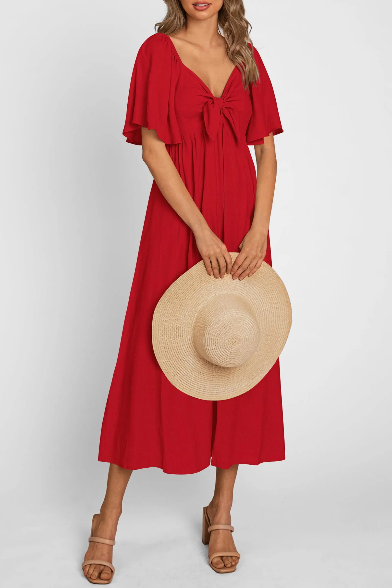 Casual Short Sleeve Bow Tie V Neck Ruffle Midi Flowy Dresses