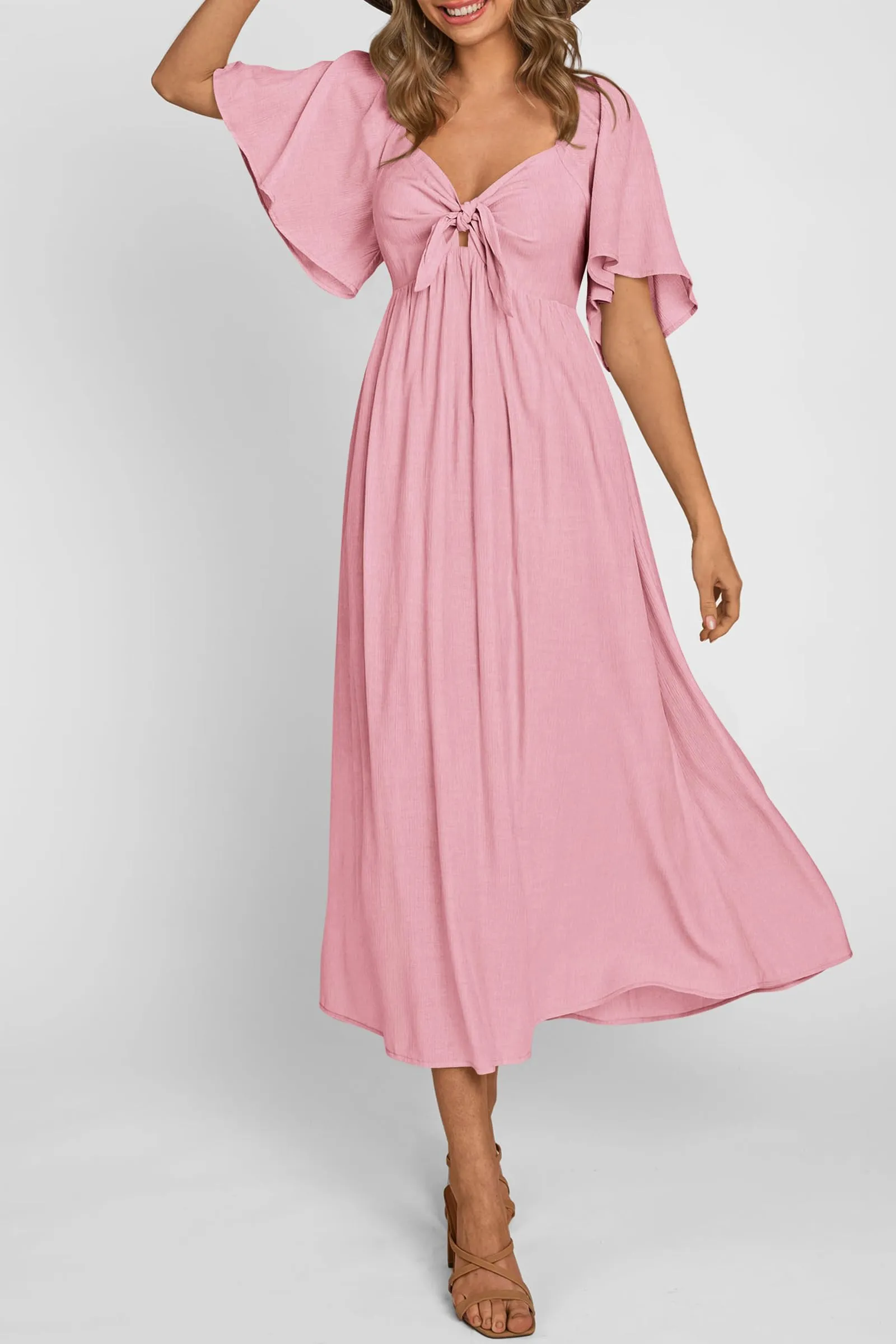 Casual Short Sleeve Bow Tie V Neck Ruffle Midi Flowy Dresses