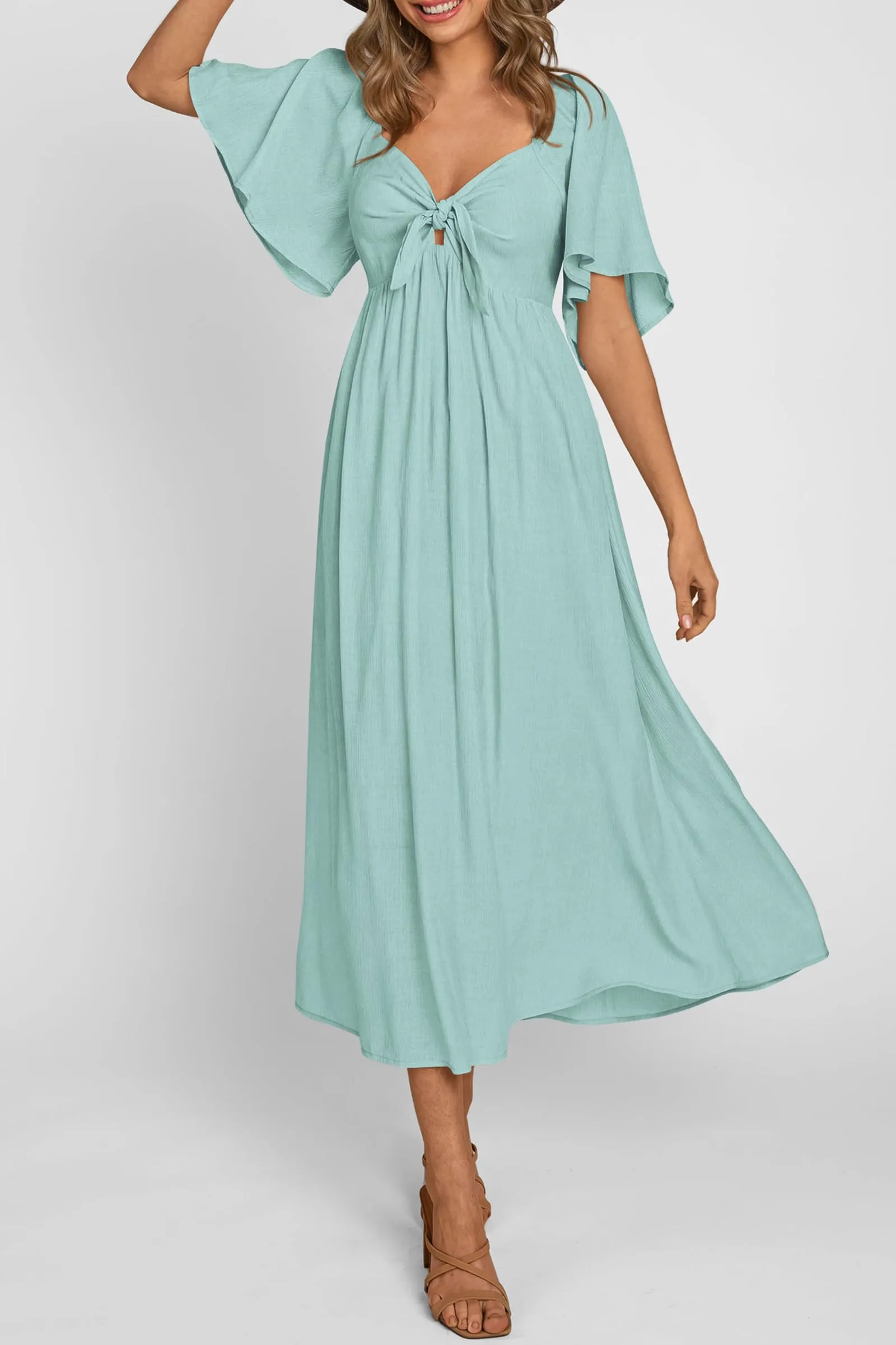 Casual Short Sleeve Bow Tie V Neck Ruffle Midi Flowy Dresses