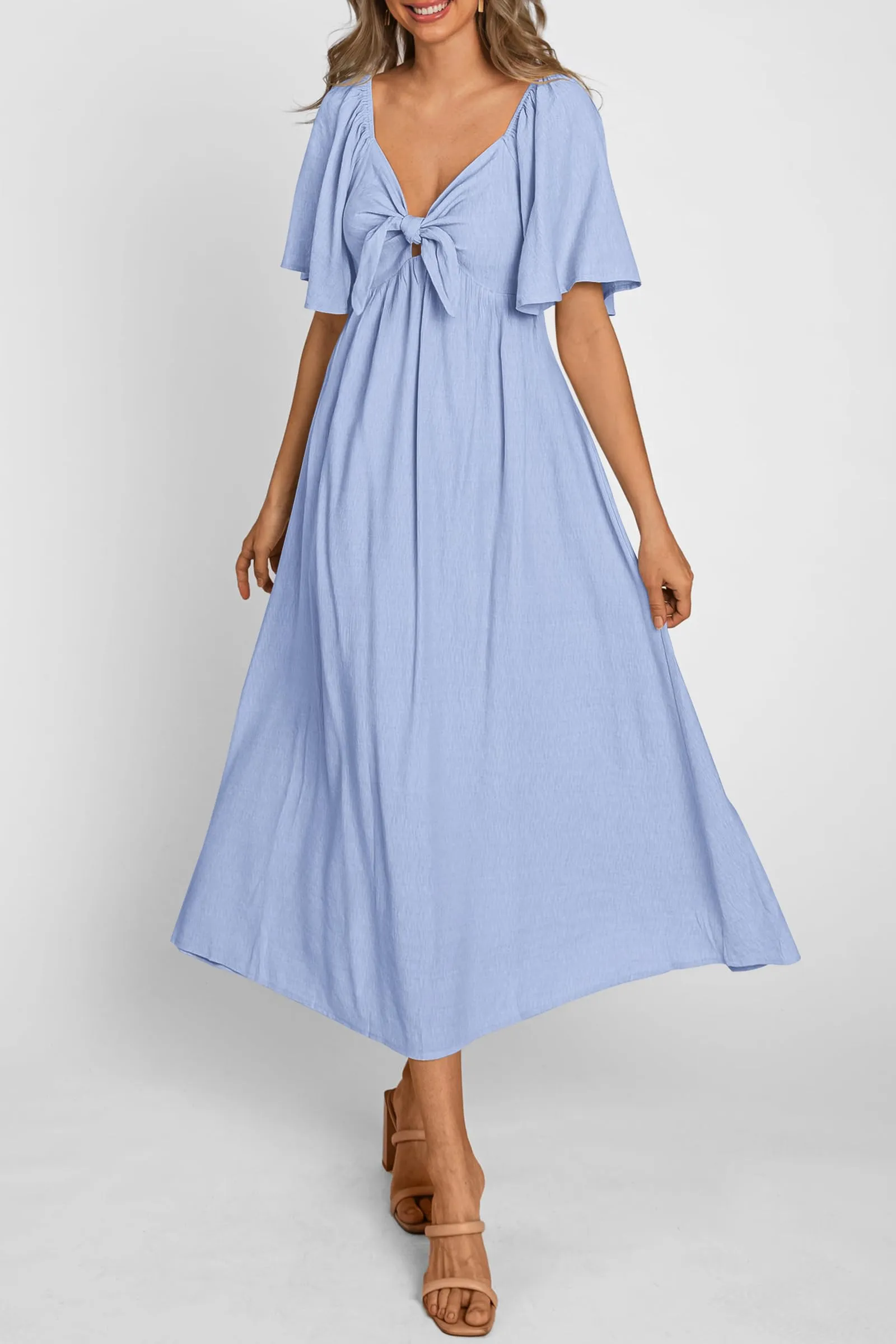 Casual Short Sleeve Bow Tie V Neck Ruffle Midi Flowy Dresses