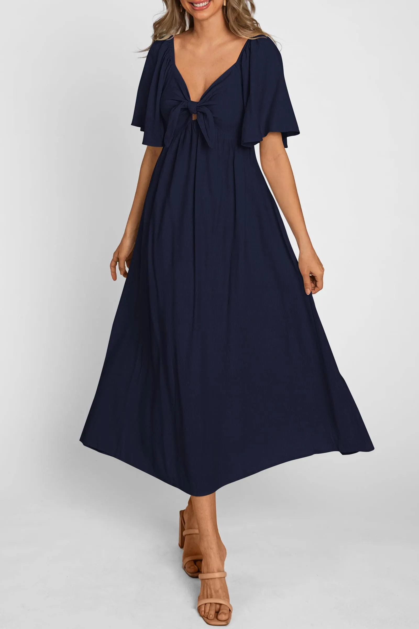 Casual Short Sleeve Bow Tie V Neck Ruffle Midi Flowy Dresses