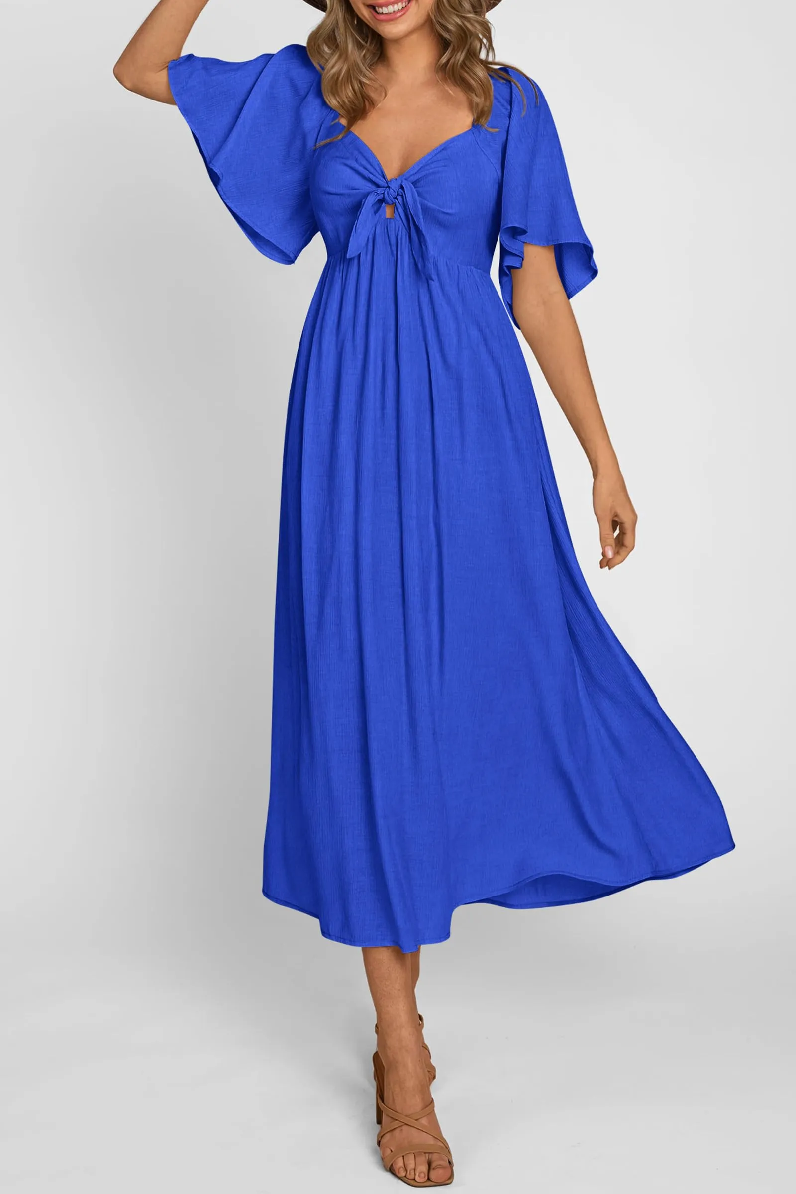 Casual Short Sleeve Bow Tie V Neck Ruffle Midi Flowy Dresses