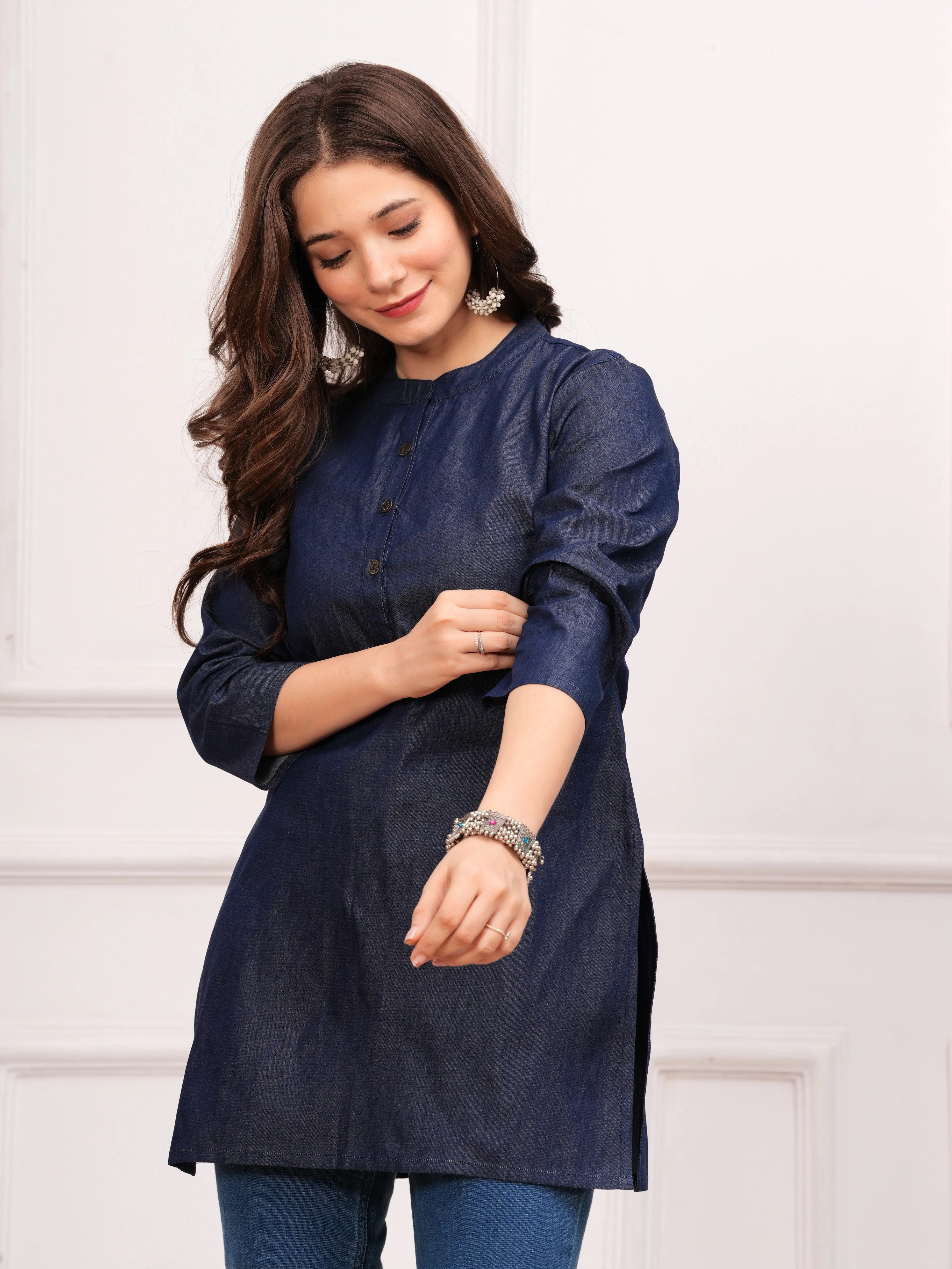 Elegant Blue Cotton Denim Short Kurti Top