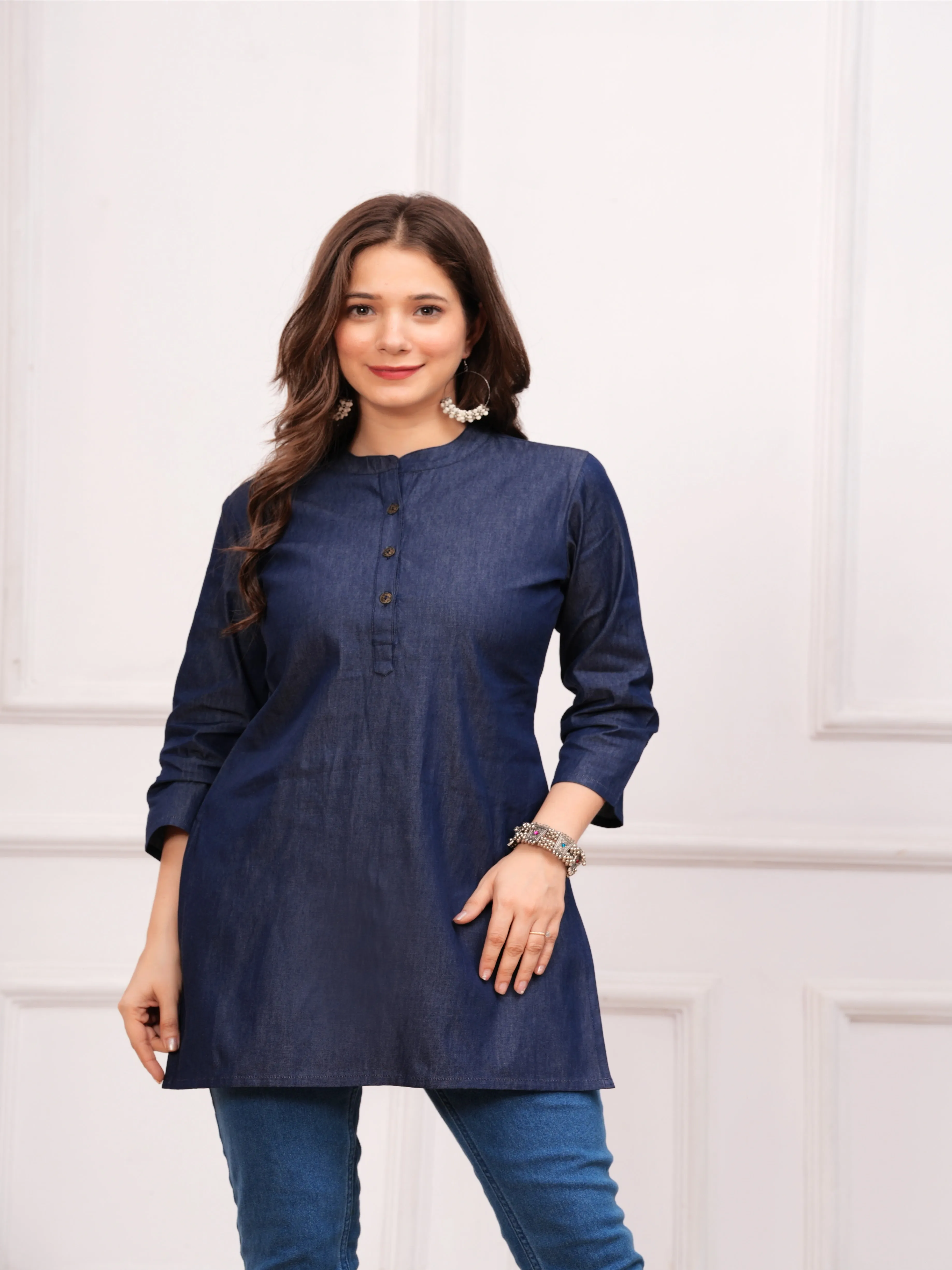 Elegant Blue Cotton Denim Short Kurti Top