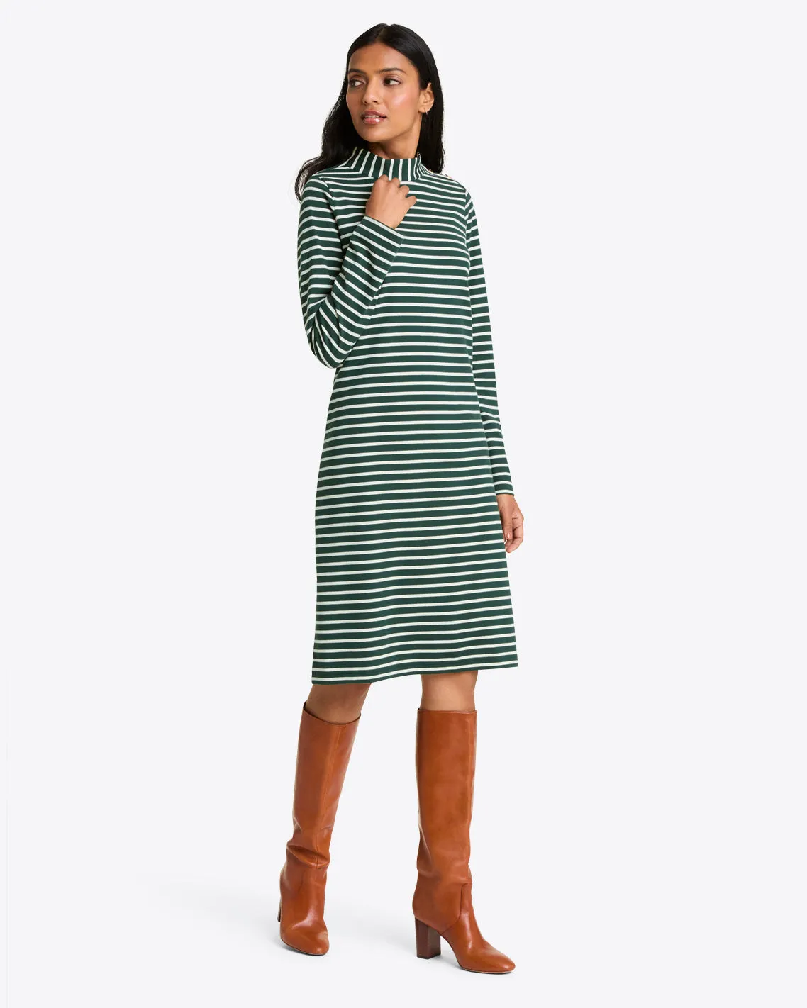 Elsie Turtleneck Dress in Green Stripe