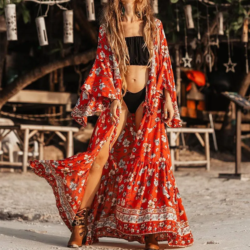 Ethnic Style Print Flare Sleeve Boho Cardigan Maxi Dresses Wholesale Bohemian Dress For Women