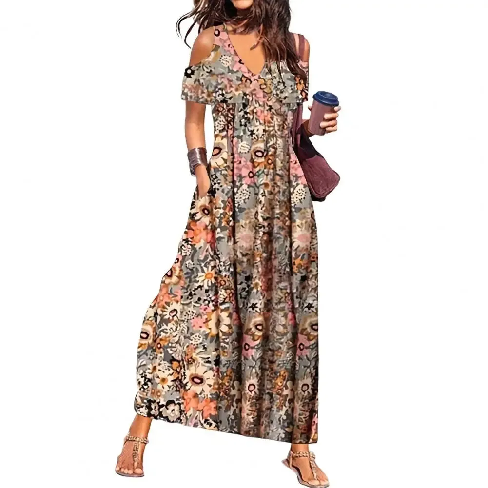 FashionSierra - 2024 Flower Print Hollow Out Pleated Maxi Boho Dress