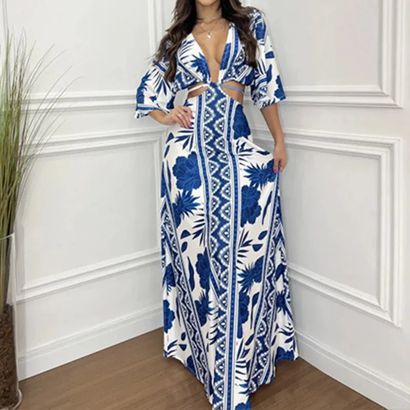 FashionSierra - 2024 Vintage Print Loose Hem Sexy Deep V Neck Boho Dress