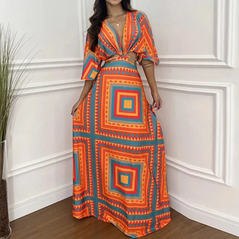 FashionSierra - 2024 Vintage Print Loose Hem Sexy Deep V Neck Boho Dress