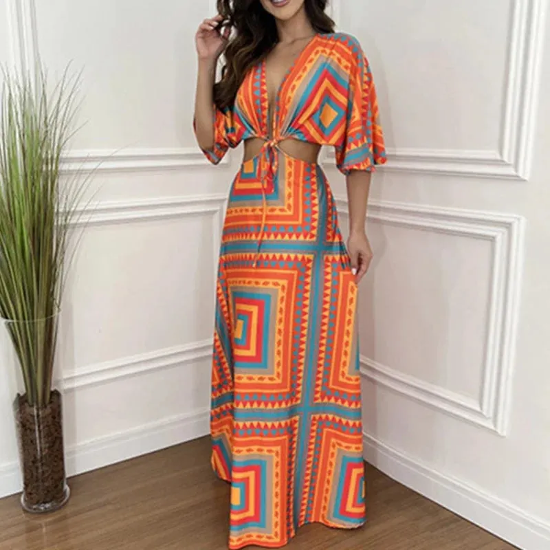 FashionSierra - 2024 Vintage Print Loose Hem Sexy Deep V Neck Boho Dress