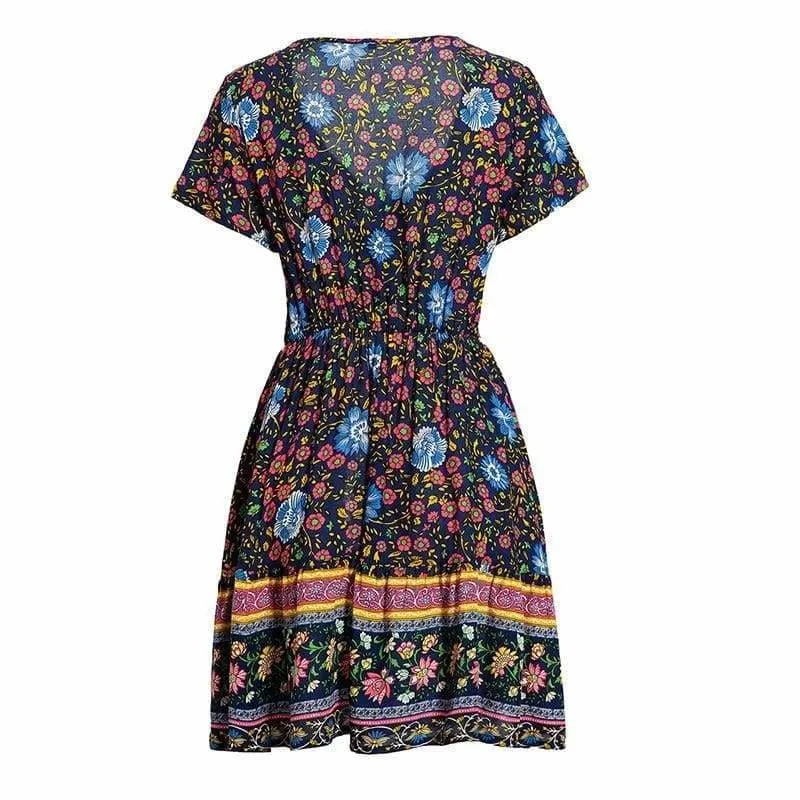 FashionSierra - A-Line Bohemian Floral Dress Sexy V-neck Short Sleeve Mini Dress