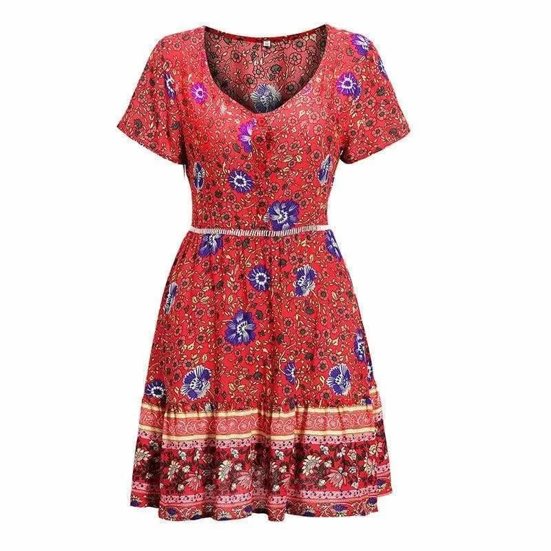 FashionSierra - A-Line Bohemian Floral Dress Sexy V-neck Short Sleeve Mini Dress