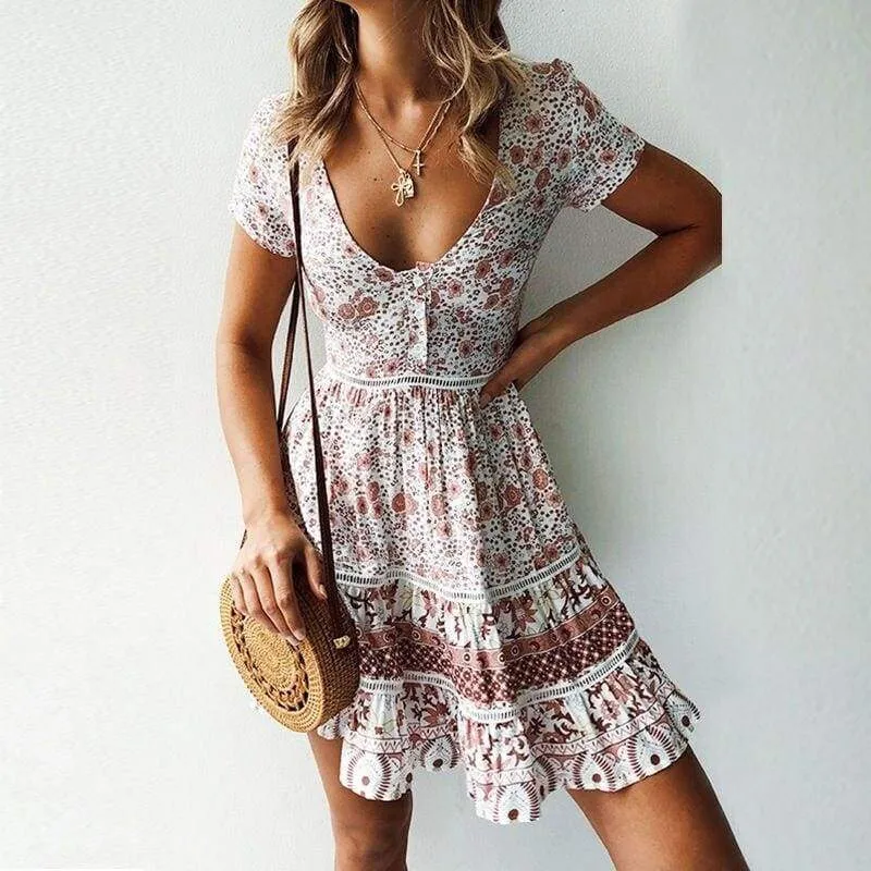 FashionSierra - A-Line Bohemian Floral Dress Sexy V-neck Short Sleeve Mini Dress