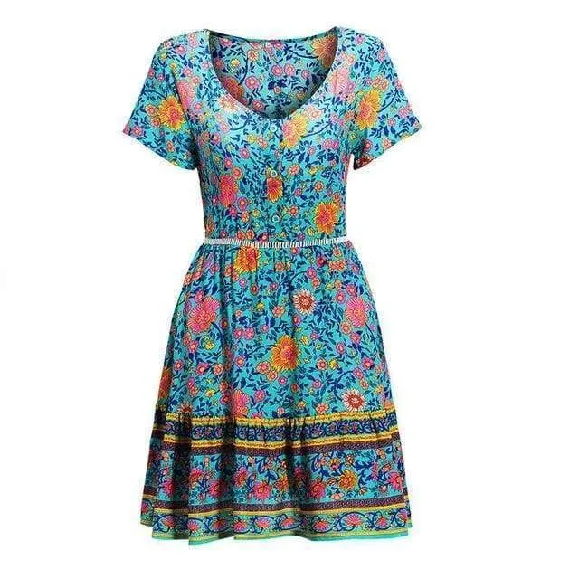 FashionSierra - A-Line Bohemian Floral Dress Sexy V-neck Short Sleeve Mini Dress