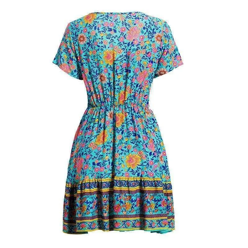 FashionSierra - A-Line Bohemian Floral Dress Sexy V-neck Short Sleeve Mini Dress